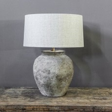 Prachtige kleine grijze stenen Kruiklamp kruik tafellamp inclusief linnen kap landelijk stoer 36 x 25 cm