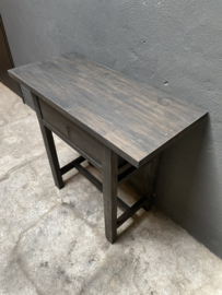 Vintage Stoer houten wandtafel sidetable Haltafeltje met 1 lade vergrijsd zwart naturel landelijk stoer (wastafelmeubel )