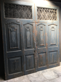 Prachtige grote oude houten wand paneel deuren kozijn poort deur kamerscherm decoratie 244,5 x 223 cm stoer landelijk industrieel oud old grijs blauw grijsblauw