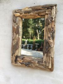 Grote vergrijsd houten spiegel drijfhout landelijk driftwood 120 x 70 cm
