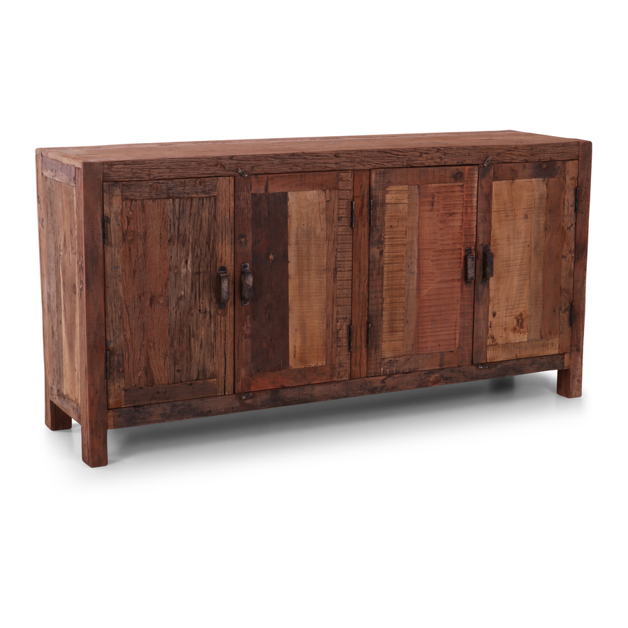 Stoer oud vergrijsd houten dressoir kast tv audio meubel luiken luikjes keukenkast televisiekast kast sidetable landelijk vergrijsd oud massief Bassano