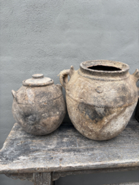 Unieke oude terracotta stenen kruik met deksel pot vaas