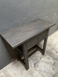 Vintage Stoer houten wandtafel sidetable Haltafeltje met 1 lade vergrijsd zwart naturel landelijk stoer (wastafelmeubel )