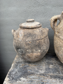 Unieke oude terracotta stenen kruik met deksel pot vaas