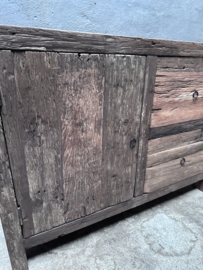 Old wood oud houten 1 deur en 2 lades kast kastje wastafelmeubel wasbak wastafel landelijk stoer vintage 110 x 40 x 80 cm