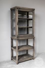 Oud naturel vergrijsd houten kast vitrinekast keukenkast servies winkelkast wandkast wandmeubel landelijk vintage H165 x B66 x D38 cm
