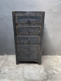 Oud zwart houten kast kastje oud hout 5 ladenkast ladekast keukenkast halkastje landelijk industrieel