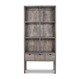 Prachtige grote grijze grijs houten kast boekenkast roomdivider met lades en schappen vakken vergrijsd 225 x 106 x 40 cm