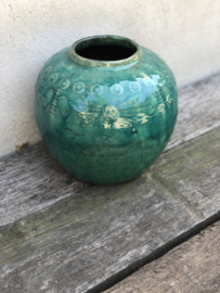 Oude stenen kruik kruikje potje pot turkoise zeegroen gemberpot turqoise turkoois turquoise vaas landelijk vintage