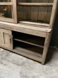 Grote unieke vintage oud houten kast vitrinekast glaskast 219 x 135 x 61 cm met schuifdeuren glaskast landelijk stoer vintage industrieel stoer
