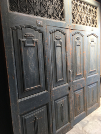 Prachtige grote oude houten wand paneel deuren kozijn poort deur kamerscherm decoratie 244,5 x 223 cm stoer landelijk industrieel oud old grijs blauw grijsblauw