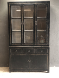 Mooie grote hoge kast met glas servieskast 225 x  130 x 50 cm vitrinekast keukenkast zwart hout landelijk stoer industrieel