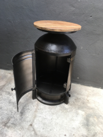 Stoer industrieel metalen tafel tafeltje bijzettafeltje sta-tafel gasfles bottle fles metaal onderstel houten blad rond 49 x H 77