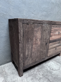 Old wood oud houten 1 deur en 2 lades kast kastje wastafelmeubel wasbak wastafel landelijk stoer vintage 110 x 40 x 80 cm
