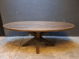 Robuuste oud vergrijsd houten ovale tafel 220 x 110 cm kloostertafel tafel eettafel landelijk industrieel stoer vintage retro urban leestafel ovaal