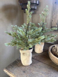 Leuk vergrijsd kerstboompje 80 cm kerstboom met lichtjes in jute zak