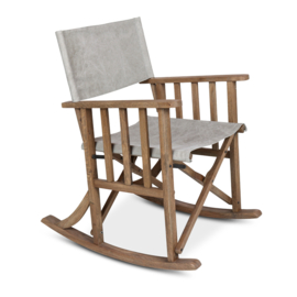 Stoere schommelstoel stoel fauteuil beige klapstoeltje landelijk grijs lichtgrijs grey houten frame linnen stoffen zitting