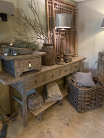 Stoere oude vergrijsd houten Sidetable 222 cm wandtafel sideboard ladekast sideboard landelijk met onderplank sober