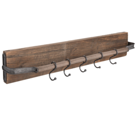 Stoere vergrijsd houten kapstok wandrek wandplank wandkapstok stang rail landelijk stoer industrieel vergrijsd hout metaal haken