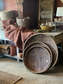 Prachtige grote set van 3 rotan rieten manden wanddecoratie wandschilderingen wandpaneel wandbord schalen mand schaal vintage landelijk oosters boho 100-80-70 cm