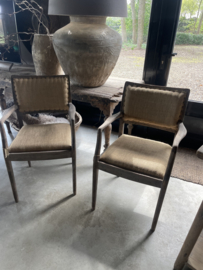 Prachtige oude vergrijsd houten stoel stoelen met jute stoffen zitting armleuning fauteuil landelijk sober shabby chique