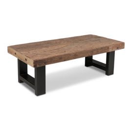 Stoere landelijke industriële tafel salontafel 120 x 60 cm grof vergrijsd houten blad metalen onderstel poten bassano industrieel stoer
