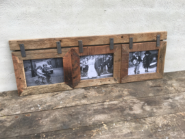 Grote railway ( vergrijsd ) houten fotolijst geschikt voor 3 foto’s fotolijstjes oud hout landelijk combi lijst