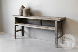Hele stoere oude vergrijsd houten sidetable 186 cm wandtafel met schap stoer landelijk industrieel vintage buro bureau