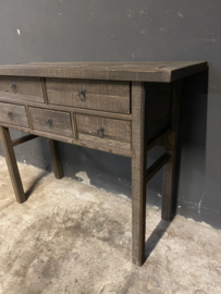 Oud houten vergrijsd doorleefd houten haltafel sidetable ladenkast la  laden stoer boeren kast buro bureau wastafel eiland landelijk badmeubel industrieel werktafel werkbank