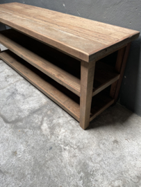 Stoere oud vergrijsd houten landelijke salontafel televisiemeubel sidetable tvmeubel schap rek 160 x 45 x H60 cm televisie Bassano landelijk