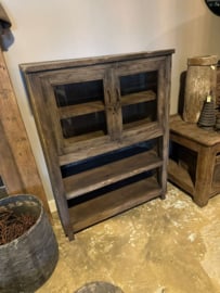 Oude houten kast vitrinekast keukenkast glaskast servies landelijk 129 x 100 x 49 cm