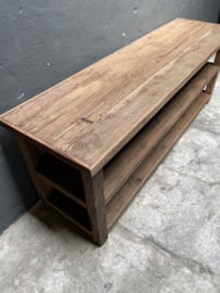 Stoere oud vergrijsd houten landelijke salontafel televisiemeubel sidetable tvmeubel schap rek 160 x 45 x H60 cm televisie Bassano landelijk