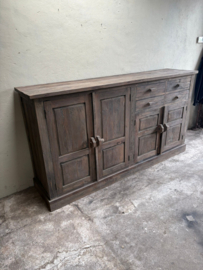 Groot vergrijsd houten kast dressoir wandmeubel landelijk stoer ladekast tv televisie 225 cm lang