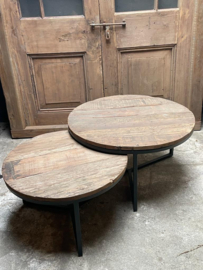 vergrijsd houten metalen tafel tafeltjes tafel tafeltje rond 60  cm ronde bijzettafel salontafel bijzettafeltje railway hout landelijk industrieel vintage hout metaal