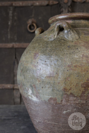 Mooie oude antieke stenen geglazuurde kruik pot vaas met oren H45 x 40 cm