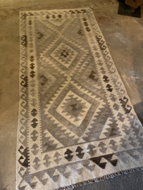 Prachtig grijs beige kelim kleed tapijt loper 198 x 94 cm tafelkleed tafelloper wandkleed landelijk sober vergrijsd stoer