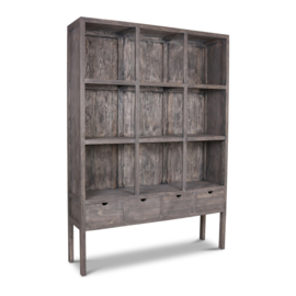 Prachtige grote grijze grijs houten kast boekenkast winkelkast roomdivider met lades en schappen vakken vergrijsd landelijk industrieel vergrijsd stoer 225 x 160 x 40 cm