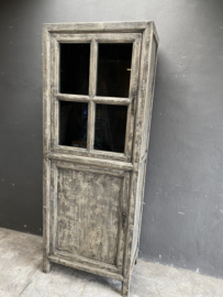 Mooie grote hoge kast met glas servieskast keukenkast  225 x 78 x 50 cm vitrinekast keukenkast vergrijsd hout landelijk stoer industrieel