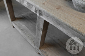 Authentieke oude vergrijsd houten fabriekstafel Sidetable kookeiland atelier winkelkast 188 x 90 x H92 cm kookeiland werkbank keukeneiland keukenblok werktafel atelier stamtafel sta-tafel hangtafel bar bartafel winkel tafel landelijk stoer industrieel