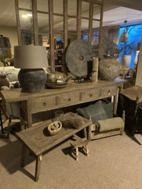 Oude lange vergrijsd doorleefd houten haltafel 221 cm tafel ladekast sidetable ladenkast la  laden werktafel stoer boeren kast buro bureau wastafel eiland landelijk badmeubel industrieel werktafel werkbank