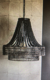 Grote stoere vergrijsde grijszwarte Metalen kroonluchter  hanging lamp hanglamp with beads met houten kralen landelijk stoer industrieel urban PTMD kroonluchter