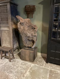 Enorm groot oud vergrijsd houten ornament 120 cm hoog  stronk object kunst stoer landelijk industrieel eye-catcher