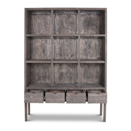 Prachtige grote grijze grijs houten kast boekenkast winkelkast roomdivider met lades en schappen vakken vergrijsd landelijk industrieel vergrijsd stoer 225 x 160 x 40 cm