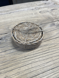 Set van 6 naturel jute onderzetters in houder landelijk stoer boho rond Dixie