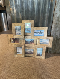 Grote houten fotolijst geschikt voor 9 foto’s fotolijstjes oud licht hout landelijk combi lijst