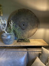 MEGAgroot XXL 110 cm orgineel oud vergrijsd doorleefd houten wiel Eye-catcher ornament rond 110 x 95 cm raamdecoratie op voet eye-catcher landelijk industrieel stoer