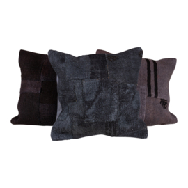 Stoer donker bruin zwart grijs kelim patchwork boro kussen inclusief vulling landelijk 50 x 50 cm