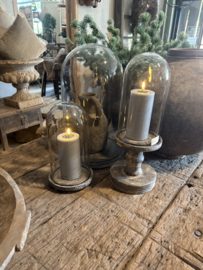 Prachtige glazen stolp op vergrijsd houten plateau plank small klein H29 x 17 cm landelijk vintage finish