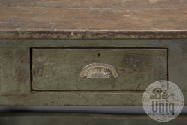 Hele lange originele oude houten werkbank 354 cm keukenblok toonbank werktafel eettafel met aan beide zijdes lades (lopen geheel door) fabriekstafel kookeiland workmate grijs industrieel landelijk Sidetable keukenblok vintage