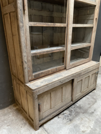 Grote unieke vintage oud houten kast vitrinekast glaskast 219 x 135 x 61 cm met schuifdeuren glaskast landelijk stoer vintage industrieel stoer